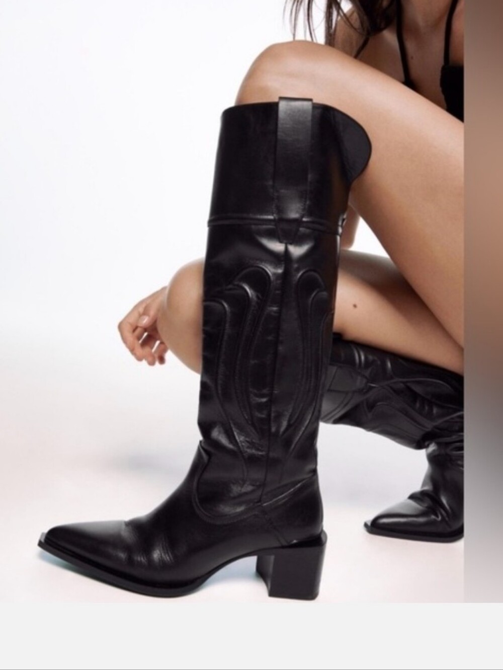 Zara black leather knee-high cowboy Western boots Size 38 7.5 - Picture 3 of 9